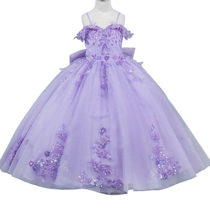 Lilac front view kids mini quinceañera ball gown with bead embroidered butterfly applique, floral lace and sequins