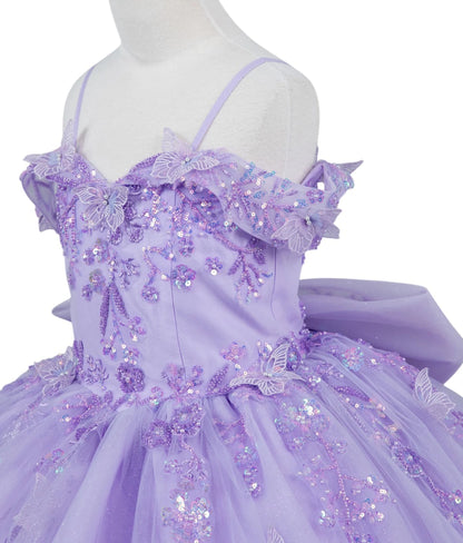 Lilac front view kids mini quinceañera ball gown with bead embroidered butterfly applique, floral lace and sweep train