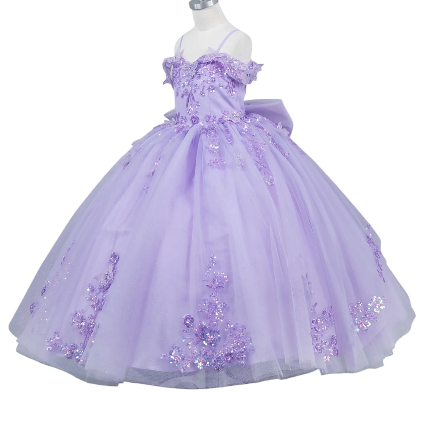 Lilac front view kids mini quinceañera mini quince dress with bead embroidered butterfly applique, floral lace and sweep train.
