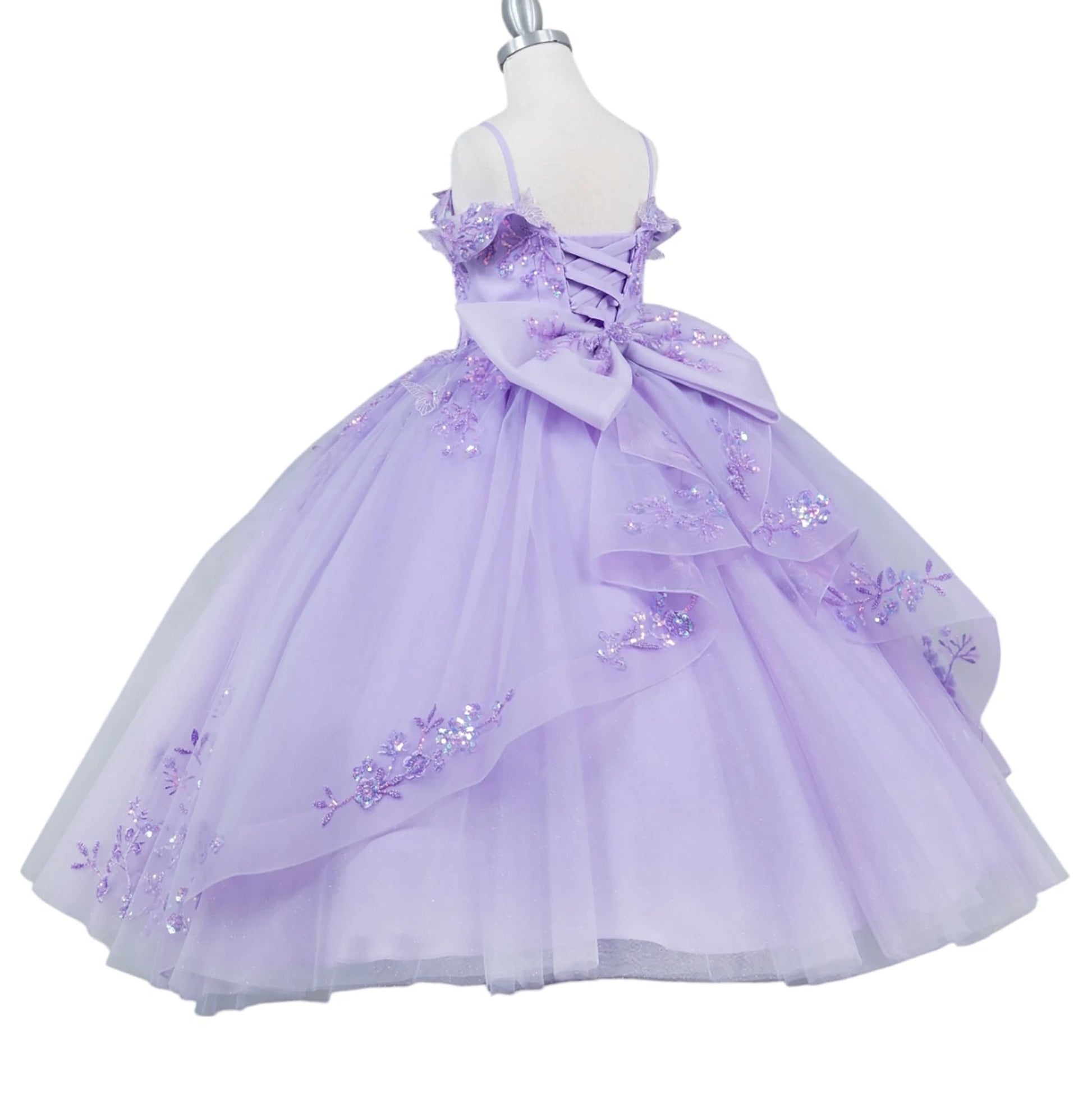 Lilac front view kids mini quinceañera mini quince dress with bead embroidered butterfly applique, floral lace and sweep train.
