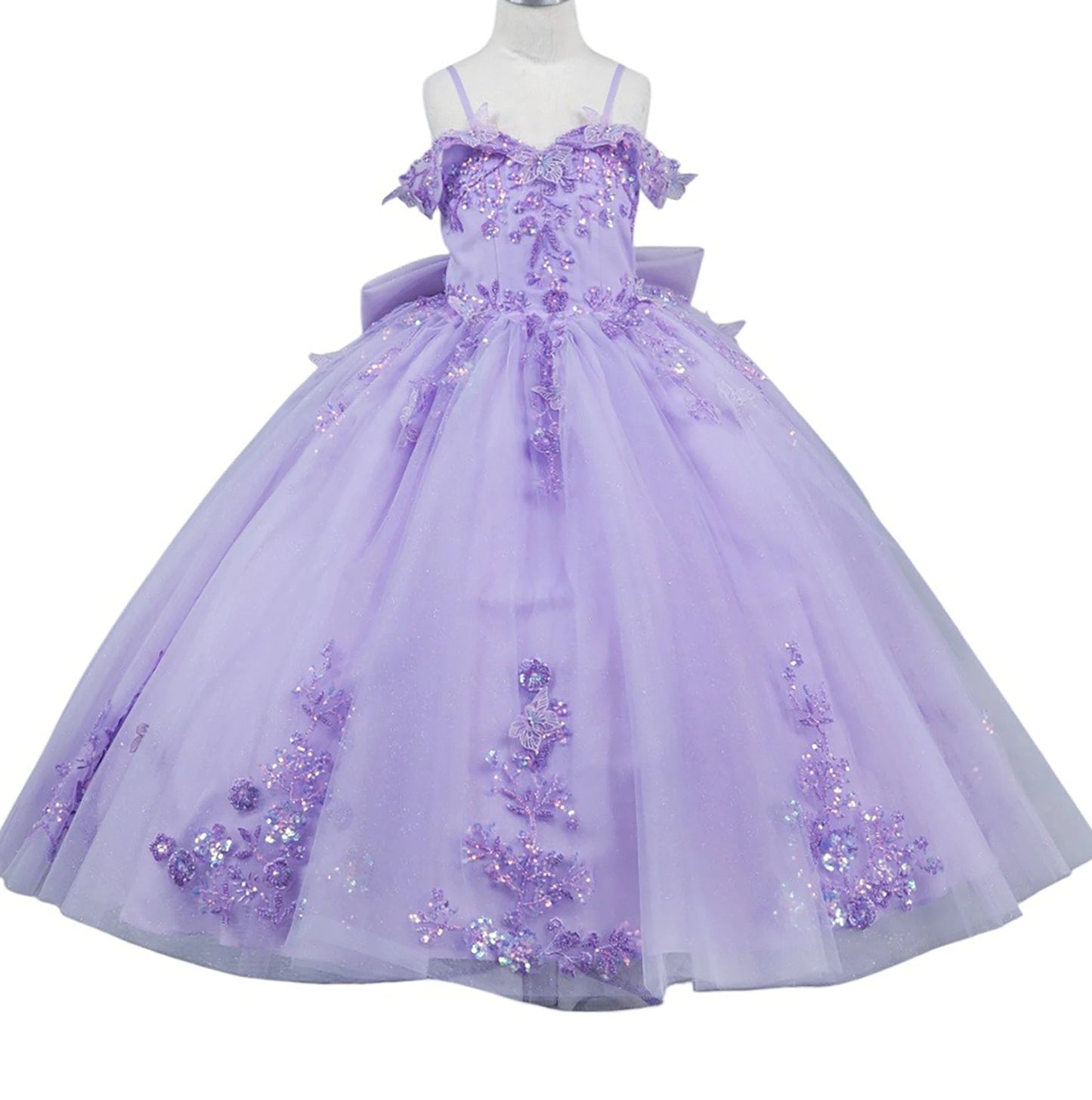 Lilac front view kids mini quinceañera mini quince dress with bead embroidered butterfly applique, floral lace and sequins.