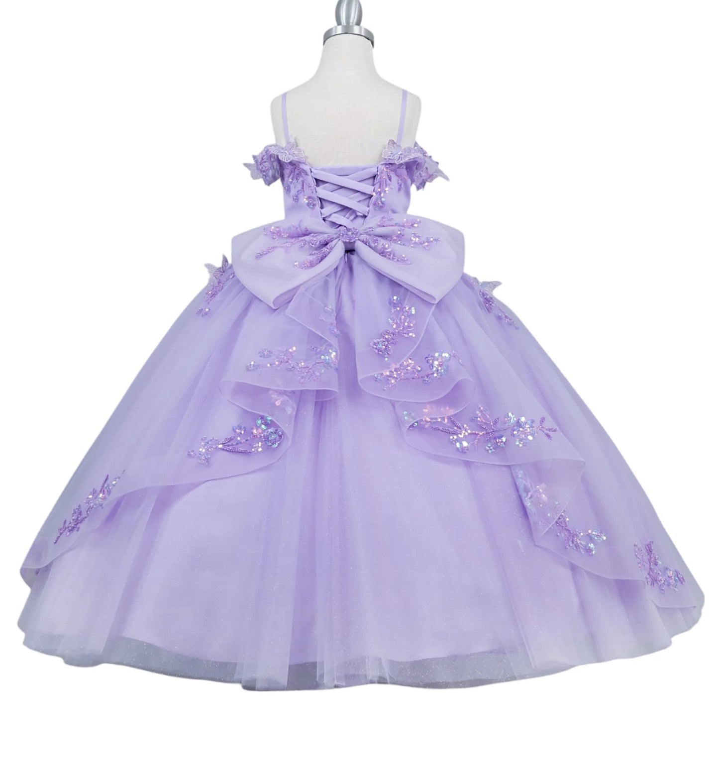 Lilac front view kids mini quinceañera mini quince dress with bead embroidered butterfly applique, floral lace and sweep train.
