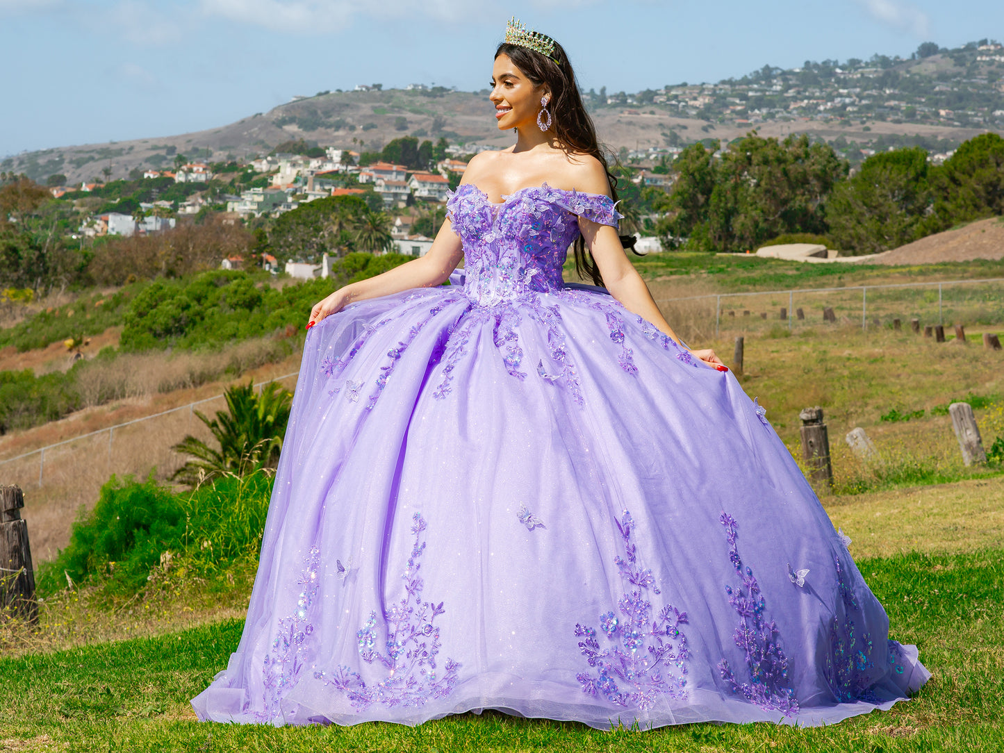 Quinceañera | Lilac Off-Shoulder Bead-Embroidered Bodice with Glitter Tulle and Sequin Appliqués Sweet 15 Ball Gown with Sweep Train | Mariana dress whole view