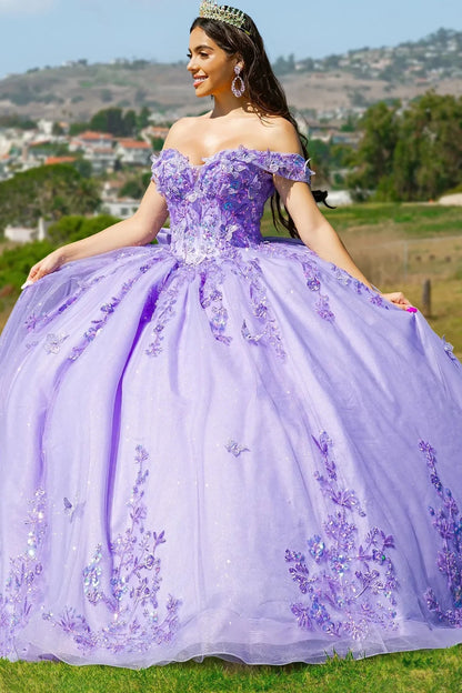 Girl in a lilac off the shoulder quinceanera ball gown with 3D florals and butteries embroidery 