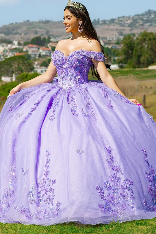 Girl in a lilac off the shoulder quinceanera ball gown with 3D florals and butteries embroidery 