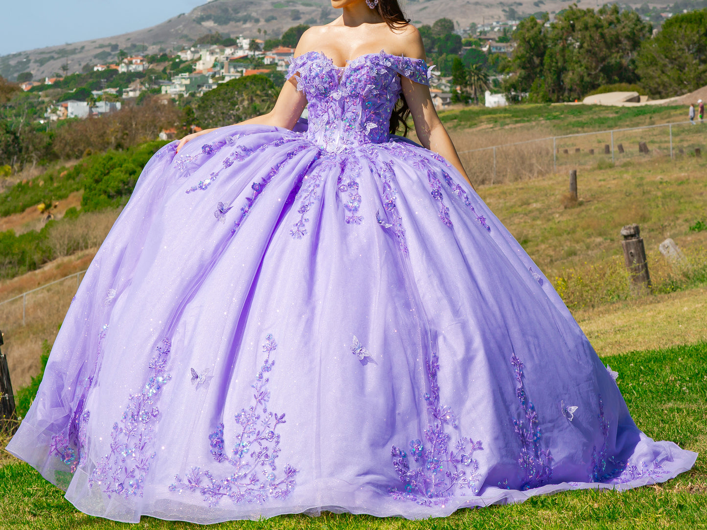 Quinceañera | Lilac Off-Shoulder Bead-Embroidered Bodice with Glitter Tulle and Sequin Appliqués Sweet 15 Ball Gown with Sweep Train | Mariana dress front dress