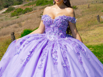 Quinceañera | Lilac Off-Shoulder Bead-Embroidered Bodice with Glitter Tulle and Sequin Appliqués Sweet 15 Ball Gown with Sweep Train | Mariana dress front zoom