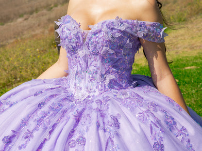 Quinceañera | Lilac Off-Shoulder Bead-Embroidered Bodice with Glitter Tulle and Sequin Appliqués Sweet 15 Ball Gown with Sweep Train | Mariana dress zoom