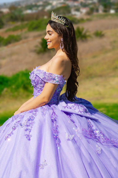 A girl wearing a lilac quince dress is shown in profile, with dense 3D embroidery also covering the off-the-shoulder detail.