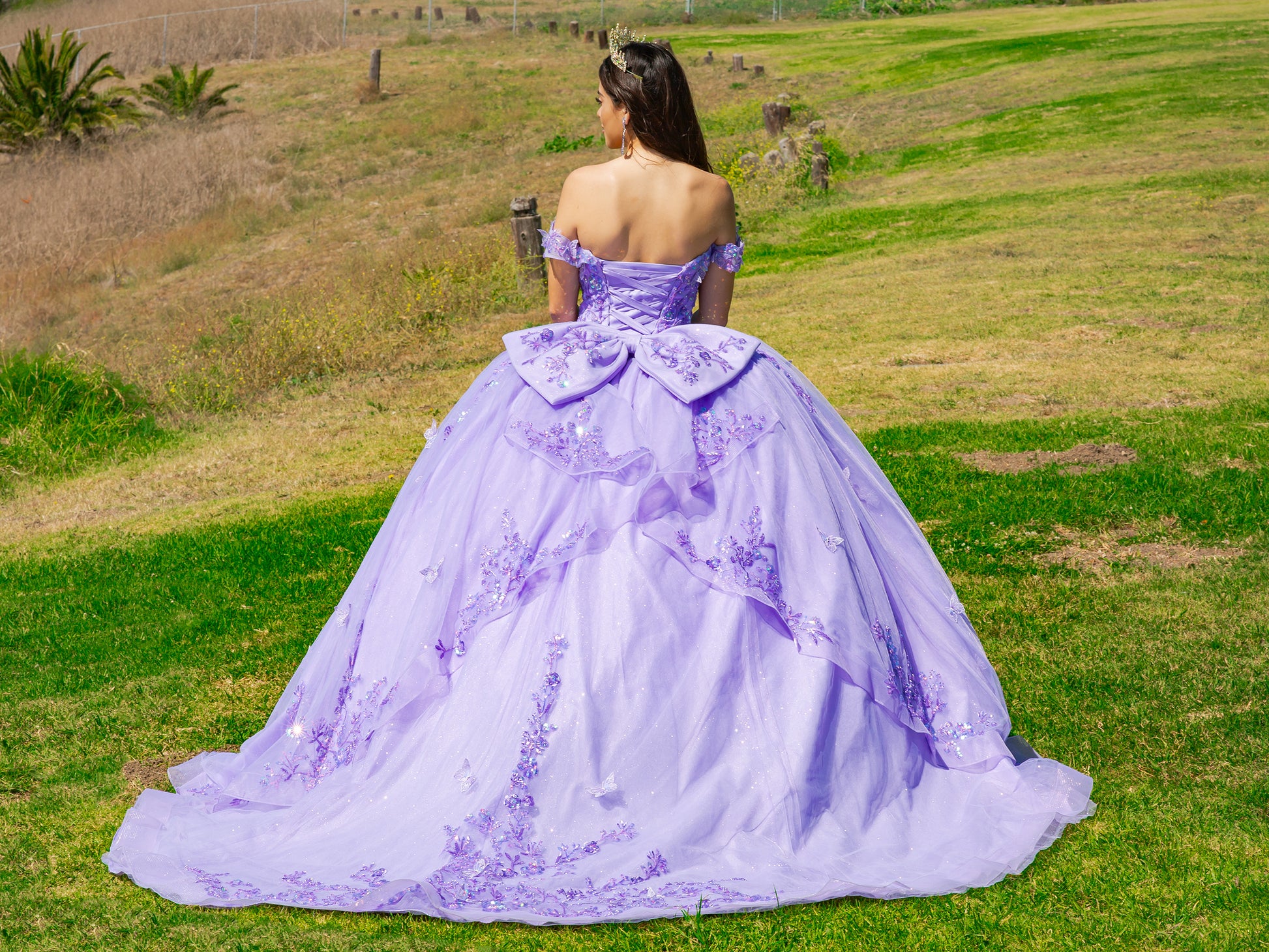 Quinceañera | Lilac Off-Shoulder Bead-Embroidered Bodice with Glitter Tulle and Sequin Appliqués Sweet 15 Ball Gown with Sweep Train | Mariana dress back view