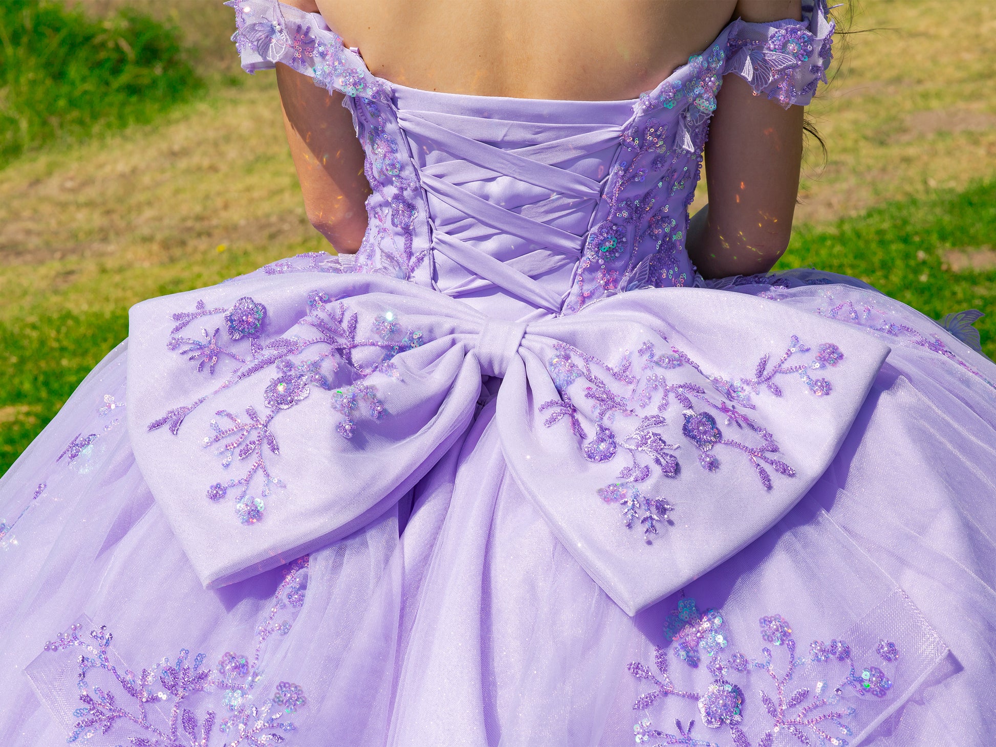 Quinceañera | Lilac Off-Shoulder Bead-Embroidered Bodice with Glitter Tulle and Sequin Appliqués Sweet 15 Ball Gown with Sweep Train | Mariana dress back zoom