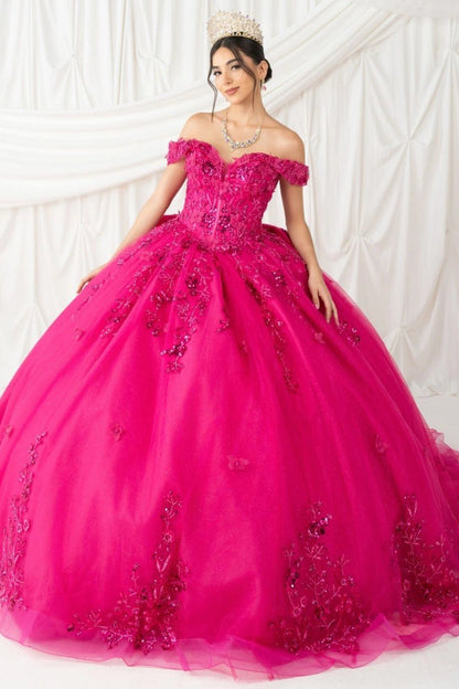 Shown in a front view, the Fuchsia quinceañera dress has off-shoulder floral bodice and butterfly appliques down the ball skirt.