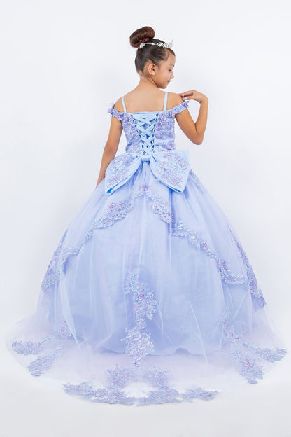 Lilac back viewkids mini quinceañera ball gown with two-tone lace back up, floral lace and layered tulle skirt