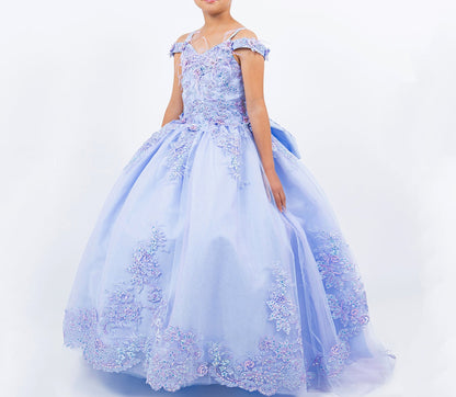 Lilac front view kids mini quinceañera ball gown with two-tone embroidered corset, floral lace and satin tulle skirt