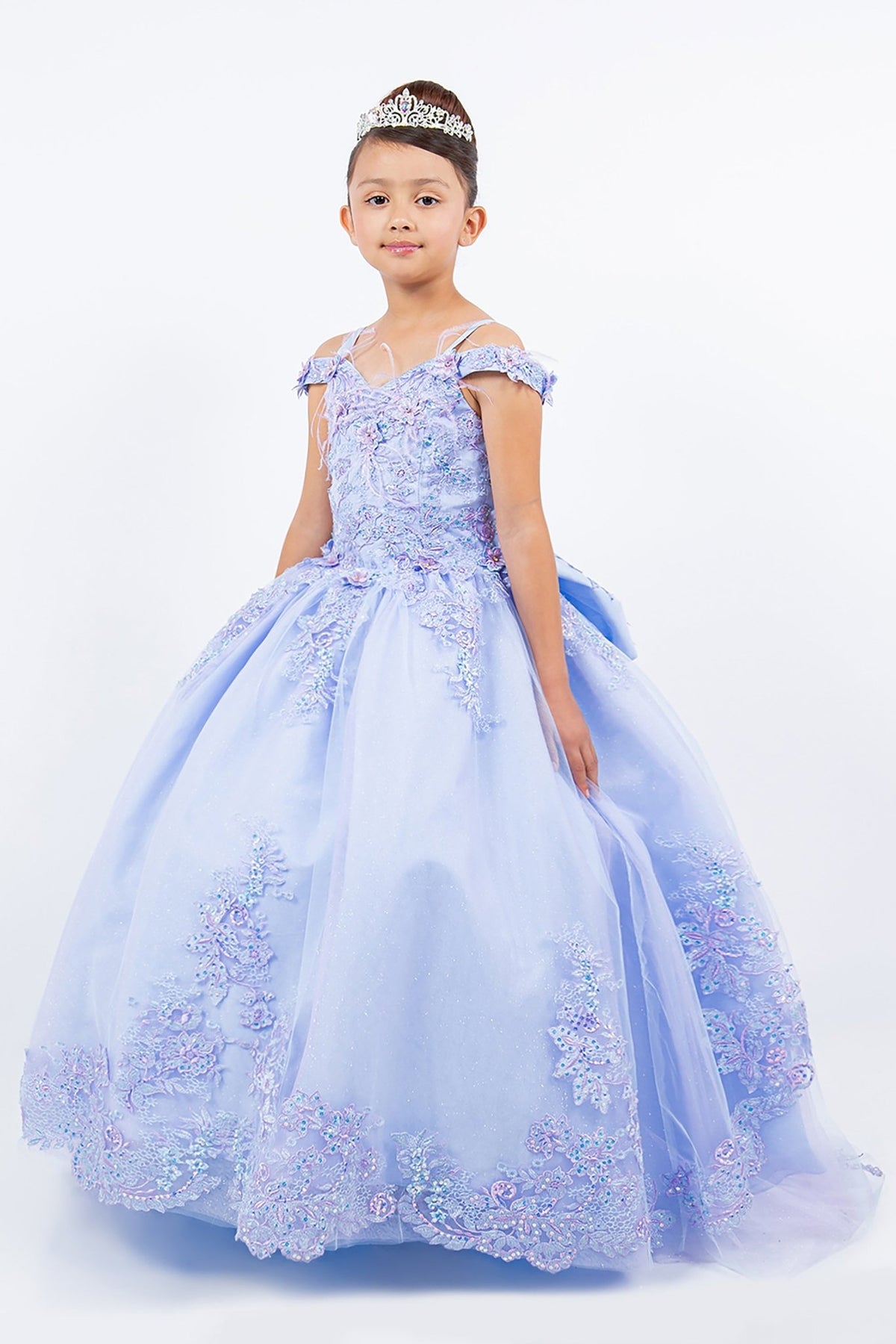 Lilac front view kids mini quinceañera mini quince dress with two-tone embroidered corset, floral lace and off shoulder sleeves.