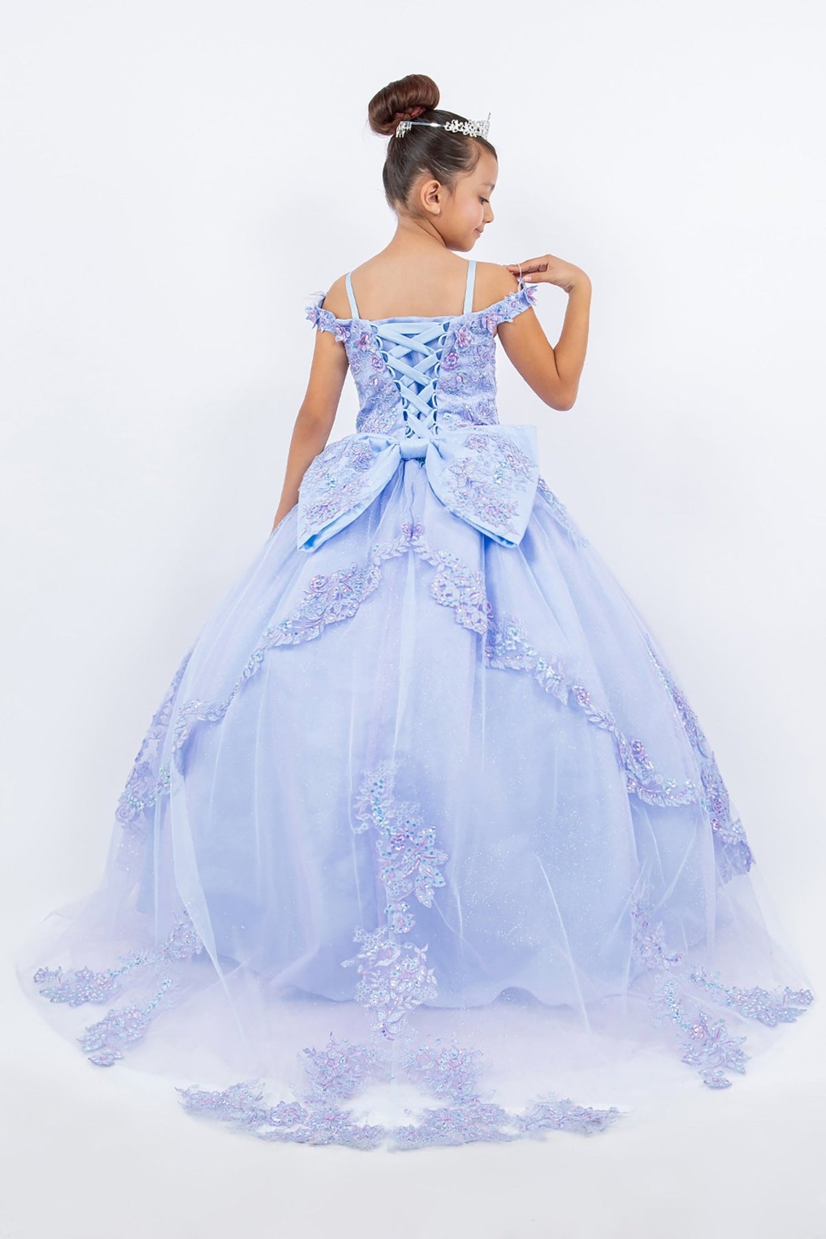 Lilac back viewkids mini quinceañera mini quince dress with two-tone lace back up, floral lace and layered tulle skirt.