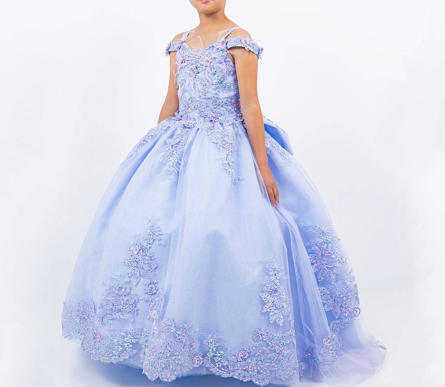 Lilac front view kids mini quinceañera mini quince dress with two-tone embroidered corset, floral lace and satin tulle skirt.