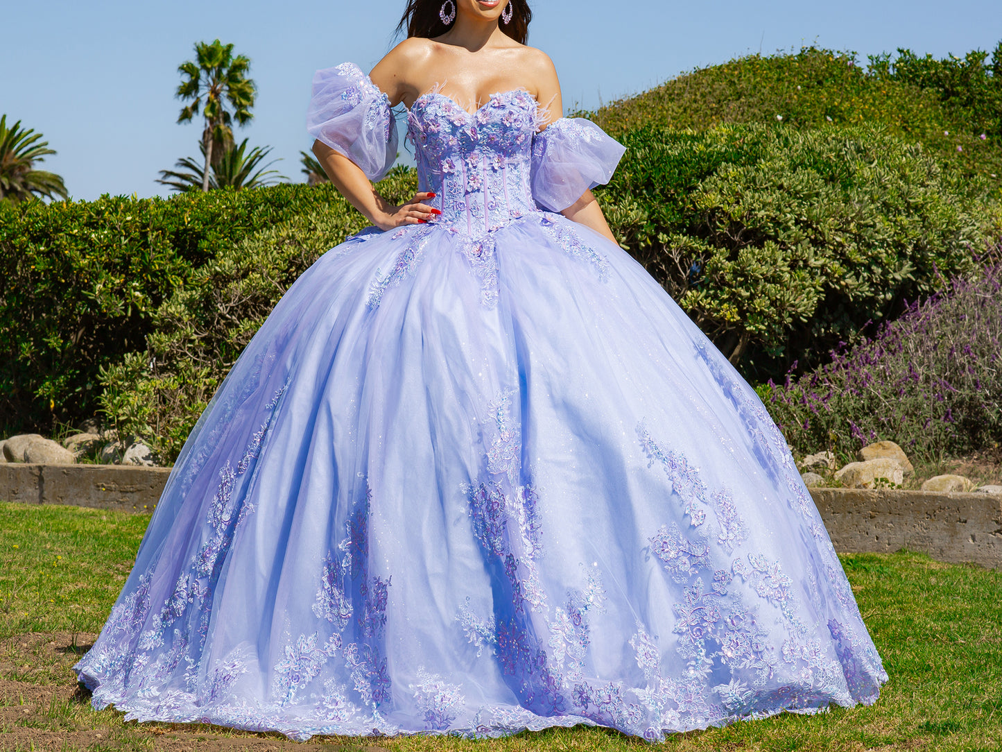 Lilac Elegant Two-Tone Floral Embroidered Luxurious Tulle Quince Dress with Detachable Puff Sleeves