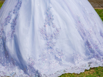 Lilac Elegant Two-Tone Floral Embroidered Luxurious Tulle Quince Dress with Detachable Puff Sleeves skirt view