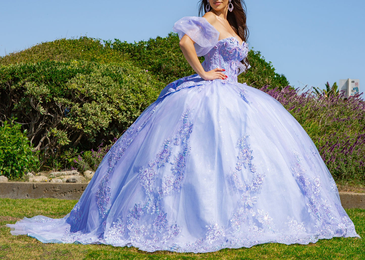 Lilac Elegant Two-Tone Floral Embroidered Luxurious Tulle Quince Dress with Detachable Puff Sleevesside view