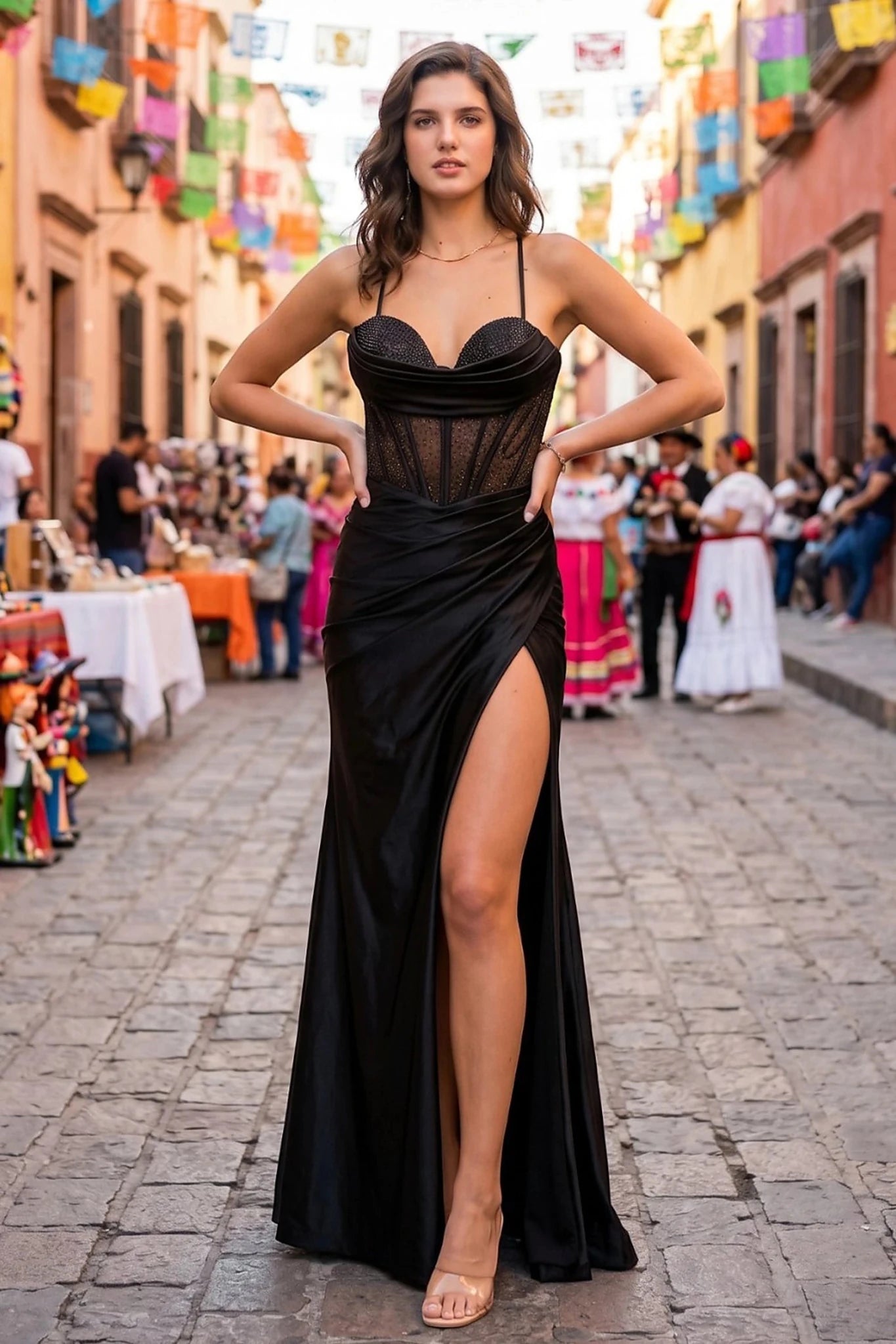 Black prom dress with sweetheart neckline and spaghetti straps