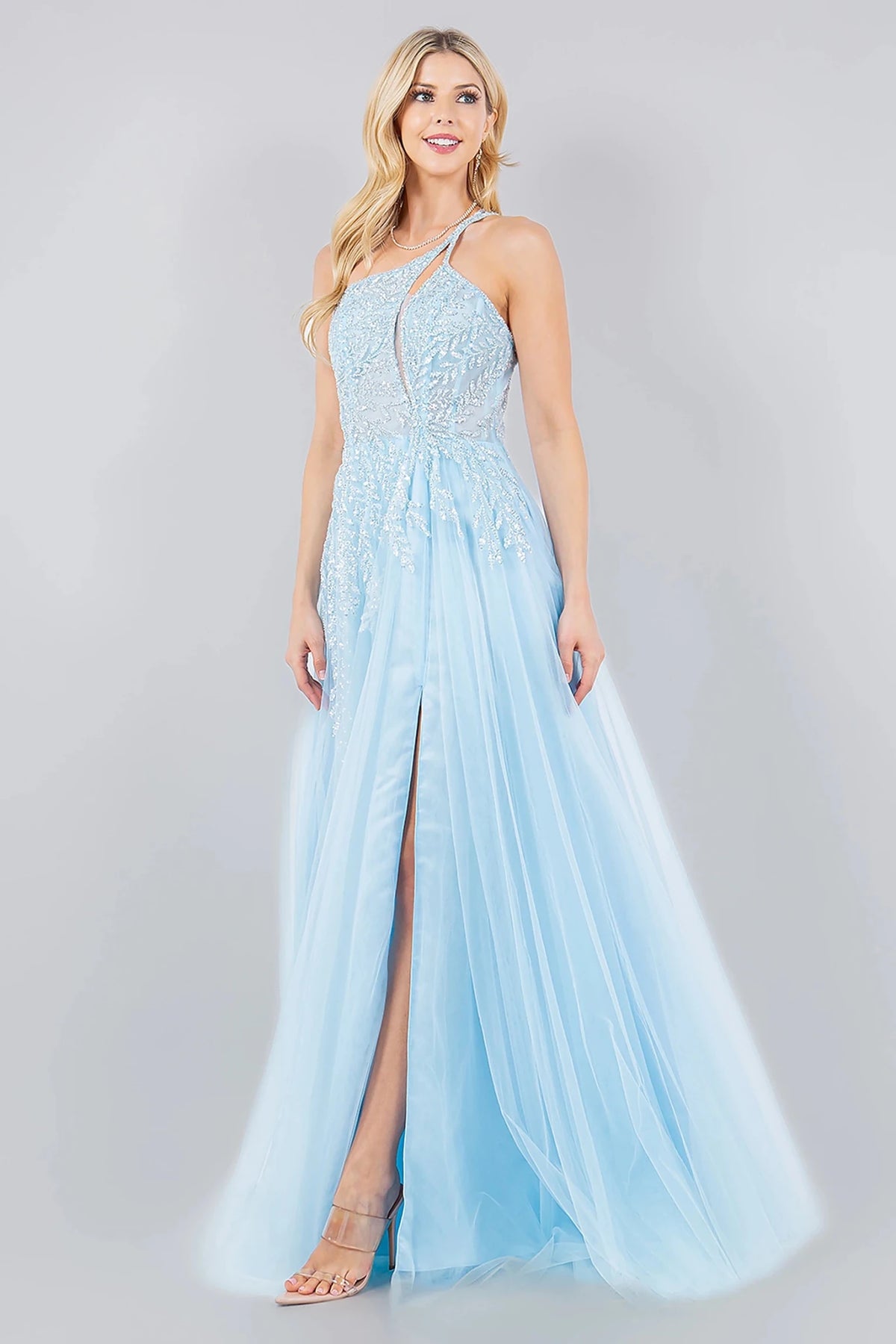 Bodice close-up highlights blue prom dress with one-shoulder strap neckline.