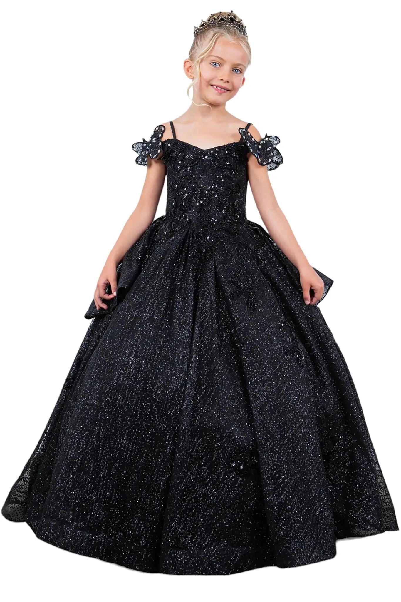 Black front view kids mini quinceañera mini quince dress with lace-up bodice, butterfly lace and detachable tiered train.