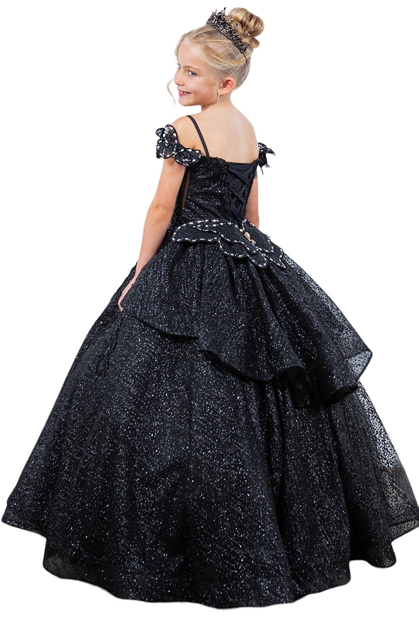 Black back view kids mini quinceañera mini quince dress with butterfly lace, beaded floral bodice and detachable tiered train.