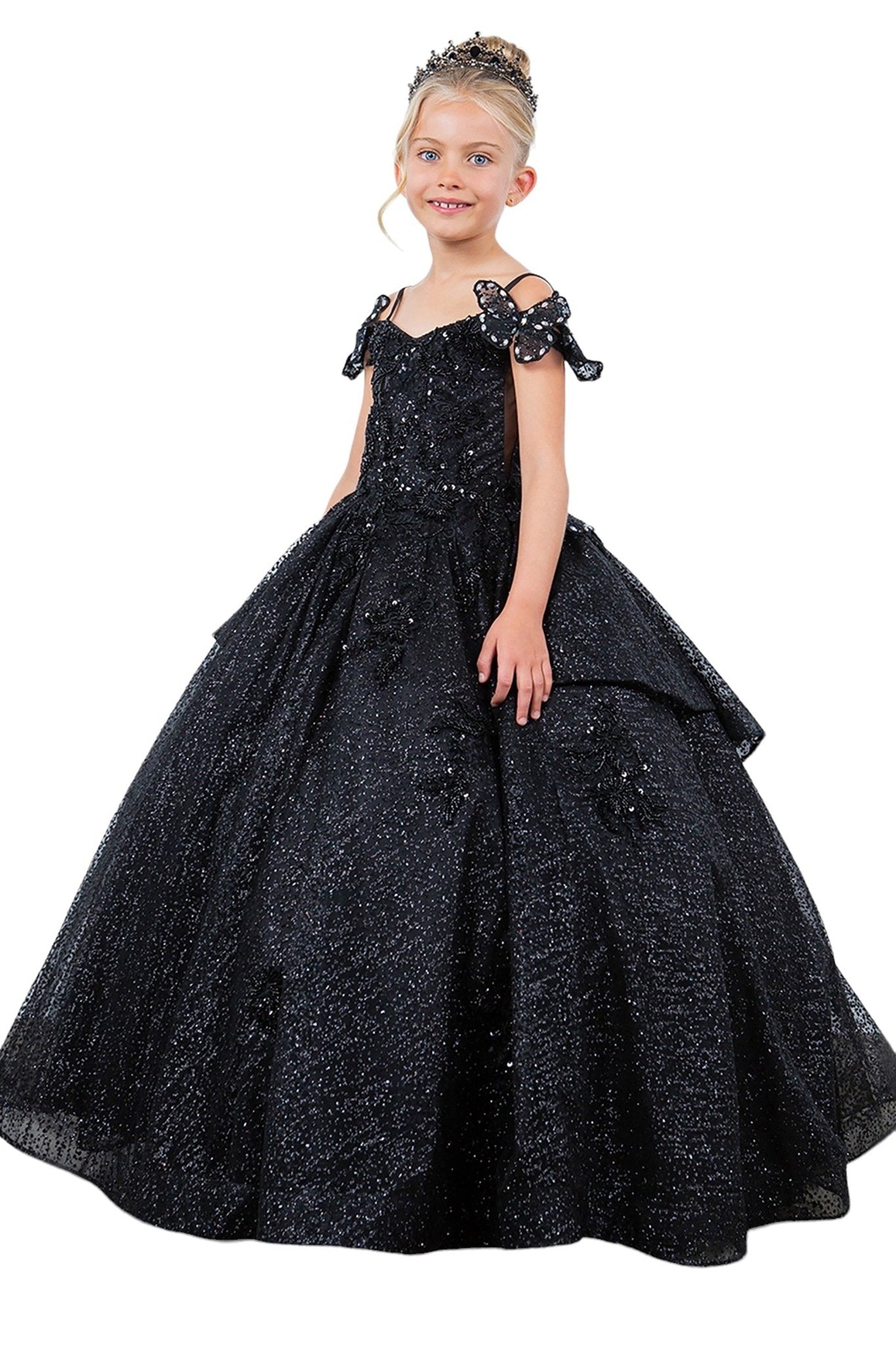 Black front side view kids mini quinceañera mini quince dress with butterfly lace, beaded floral bodice and detachable tiered train.