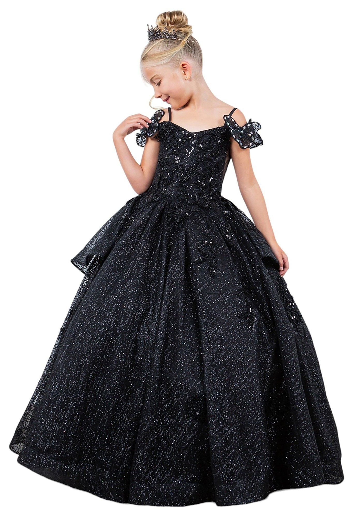Black front view kids mini quinceañera mini quince dress with butterfly lace, beaded floral bodice and detachable tiered train.