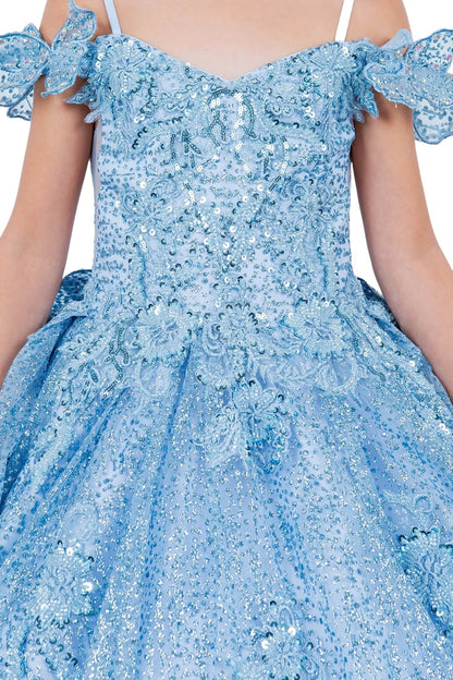 Cinderella blue kids mini quinceañera ball gown with butterfly lace and beaded floral bodice