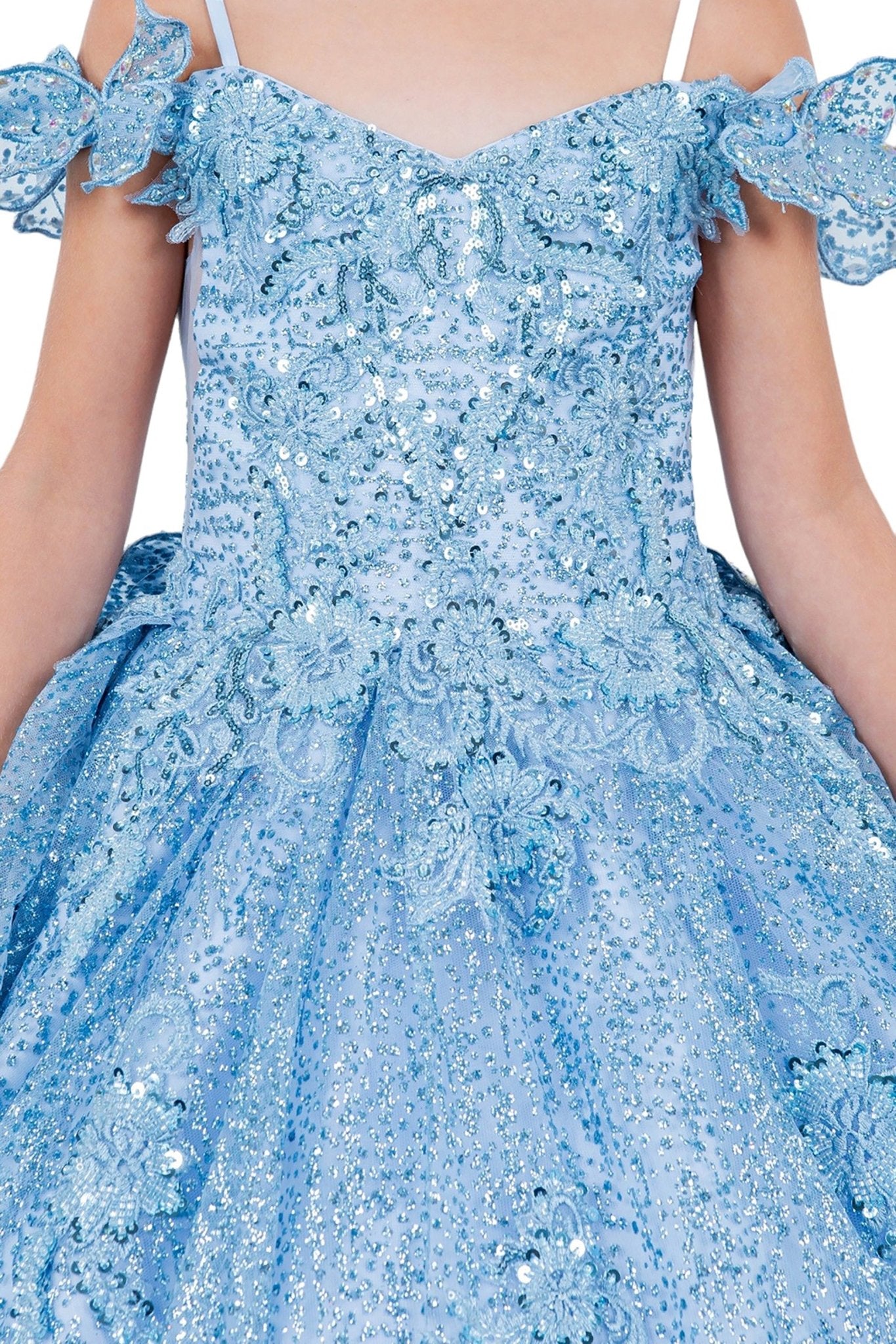 Cinderella blue kids mini quinceañera mini quince dress with butterfly lace and beaded floral bodice.