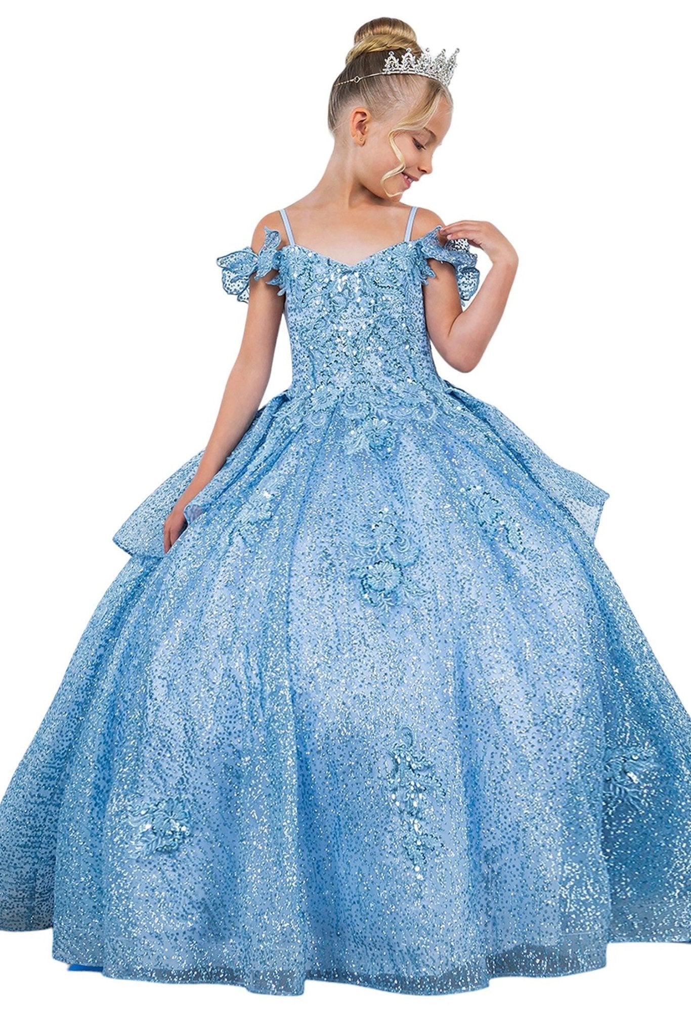 Cinderella blue mini quince mini quince dress with butterfly sleeves and a beaded floral bodice.