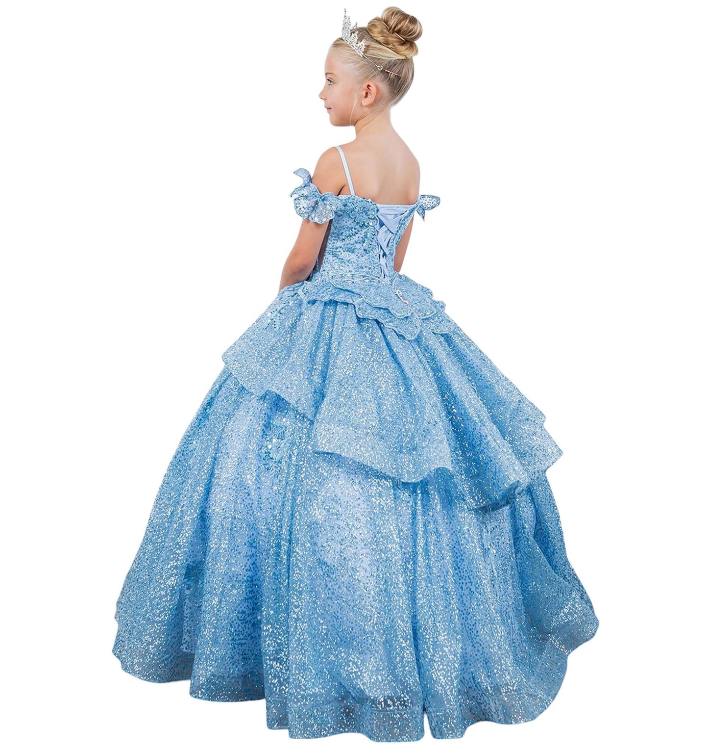 Cinderella blue kids mini quinceañera mini quince dress with butterfly lace, beaded floral bodice and detachable tiered train.
