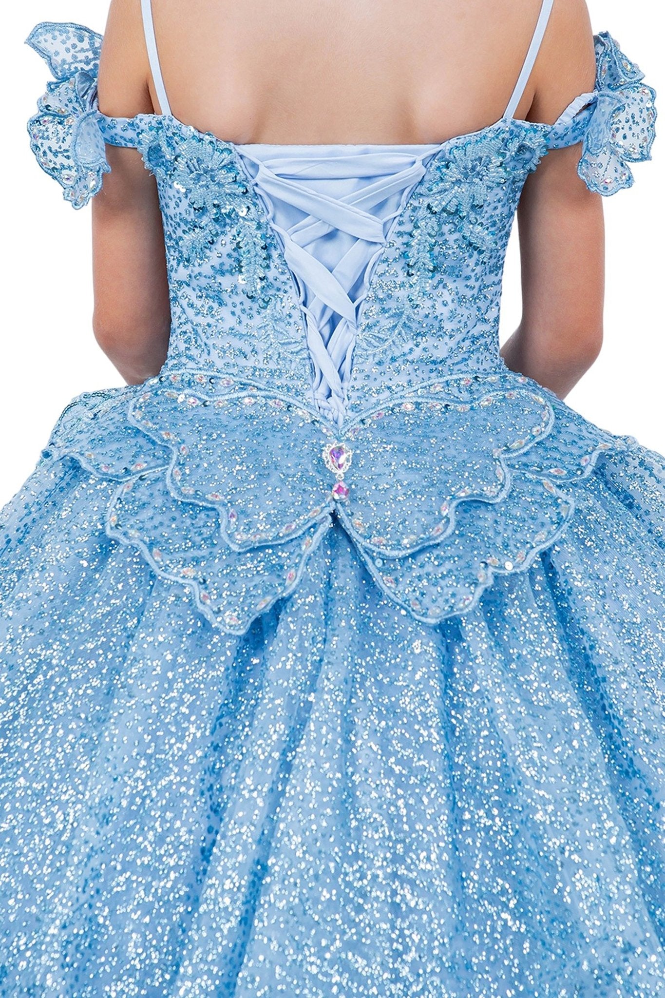 Cinderella blue kids mini quinceañera mini quince dress with lace appliques detachable butterfly and beaded floral bodice.