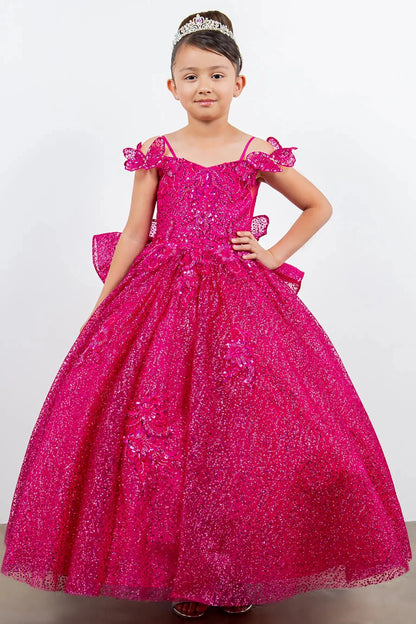 Bodice close-up highlights fuchsia mini quince dress with butterfly lace beaded floral bodice layered tulle removable tiered train.
