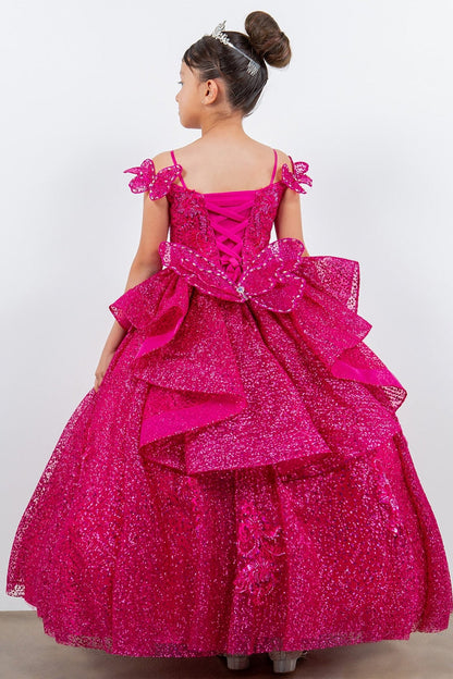 Close-up view reveals fuchsia mini quince dress with butterfly lace beaded floral bodice layered tulle skirt.