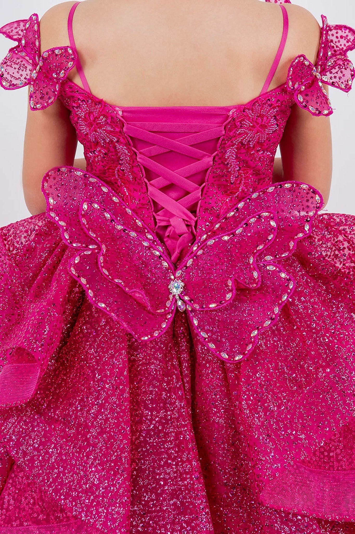 Fuchsia mini quince dress with butterfly lace beaded floral applique layered tulle removable tiered train.