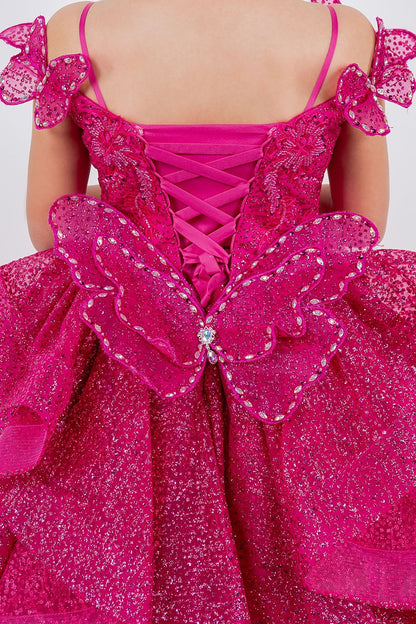 Intricate features stand out across fuchsia mini quince dress with butterfly lace beaded floral applique layered tulle removable.