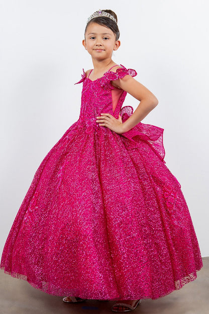 Decorative elements define fuchsia mini quince dress with butterfly lace beaded floral bodice layered tulle skirt.