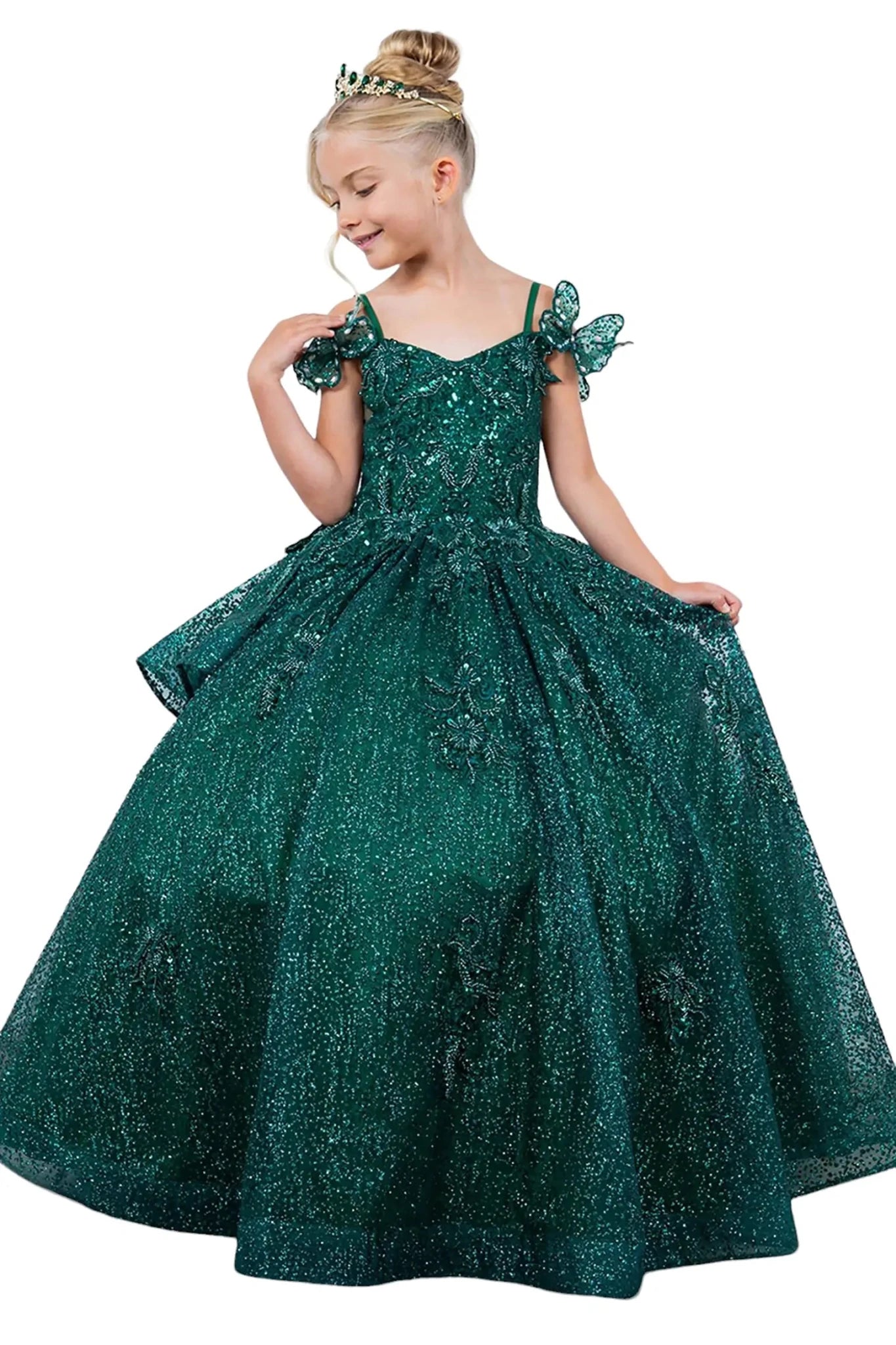Hunter green back view kids mini quinceañera mini quince dress with lace-up bodice, butterfly lace and detachable tiered train.