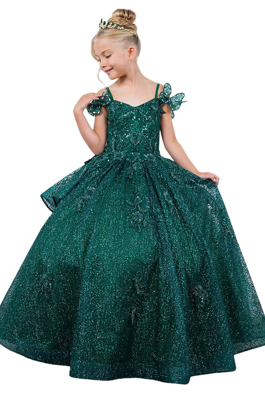 Hunter green back view kids mini quinceañera mini quince dress with lace-up bodice, butterfly lace and detachable tiered train.