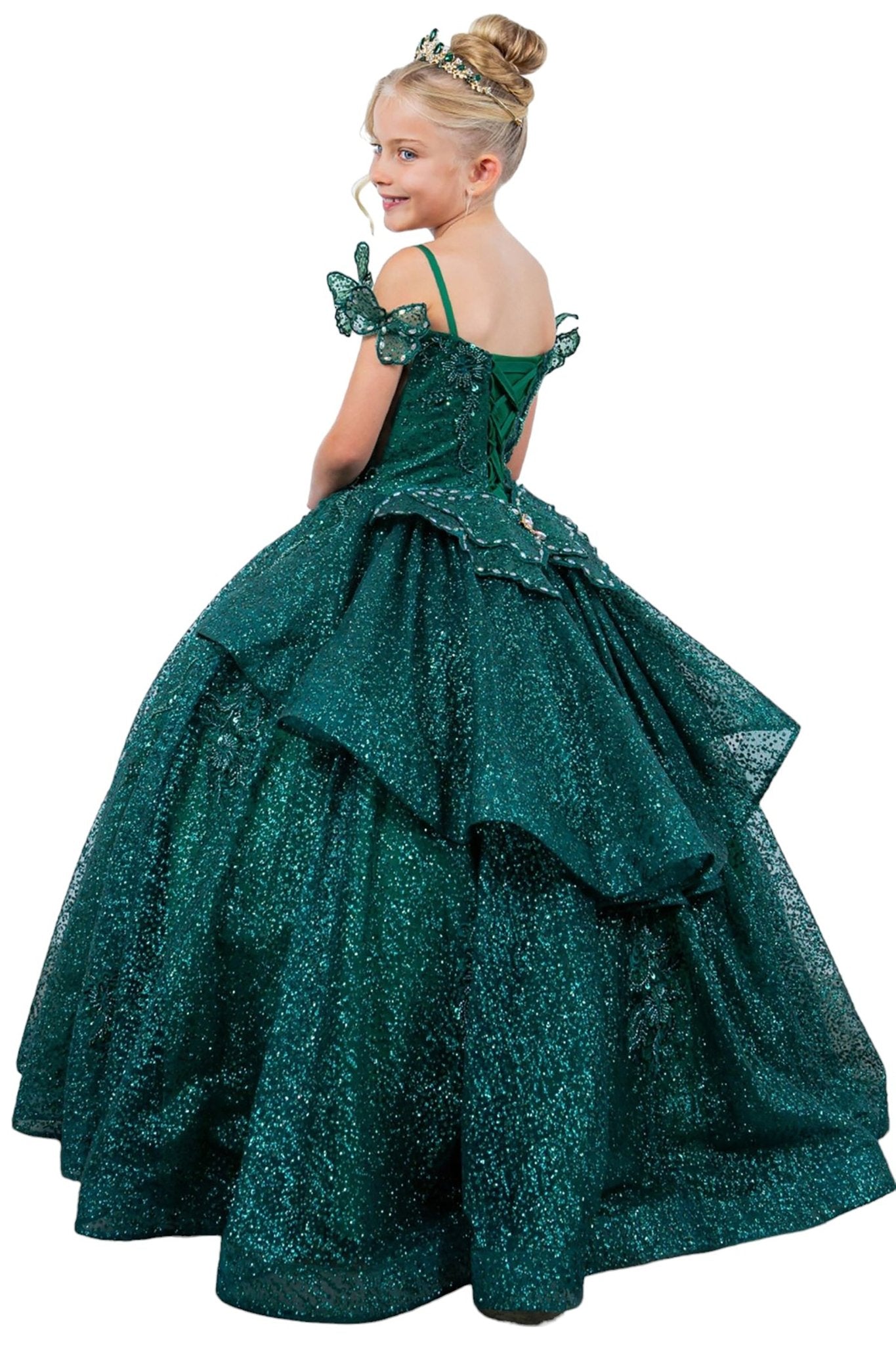 Hunter green back side view kids mini quinceañera mini quince dress with butterfly lace, beaded floral bodice and detachable tiered train.