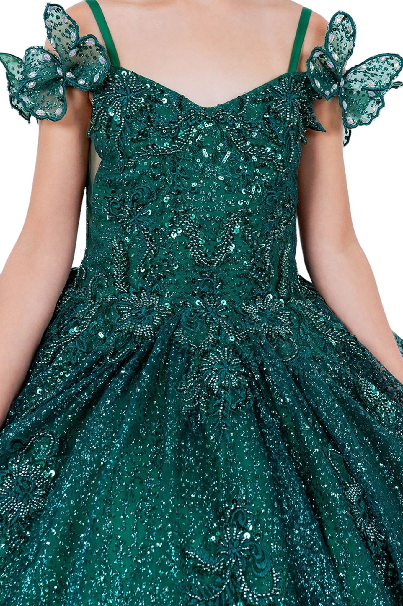 Hunter green front zoom kids mini quinceañera mini quince dress with butterfly lace, beaded floral bodice and detachable tiered train.