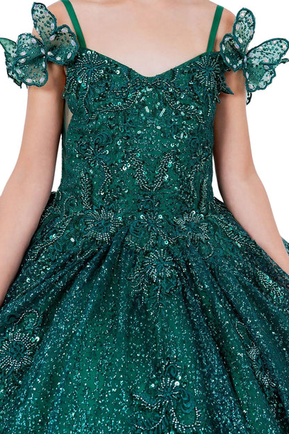 Close-up view reveals hunter green front zoom kids mini quinceañera mini quince dress with butterfly lace, beaded floral bodice.