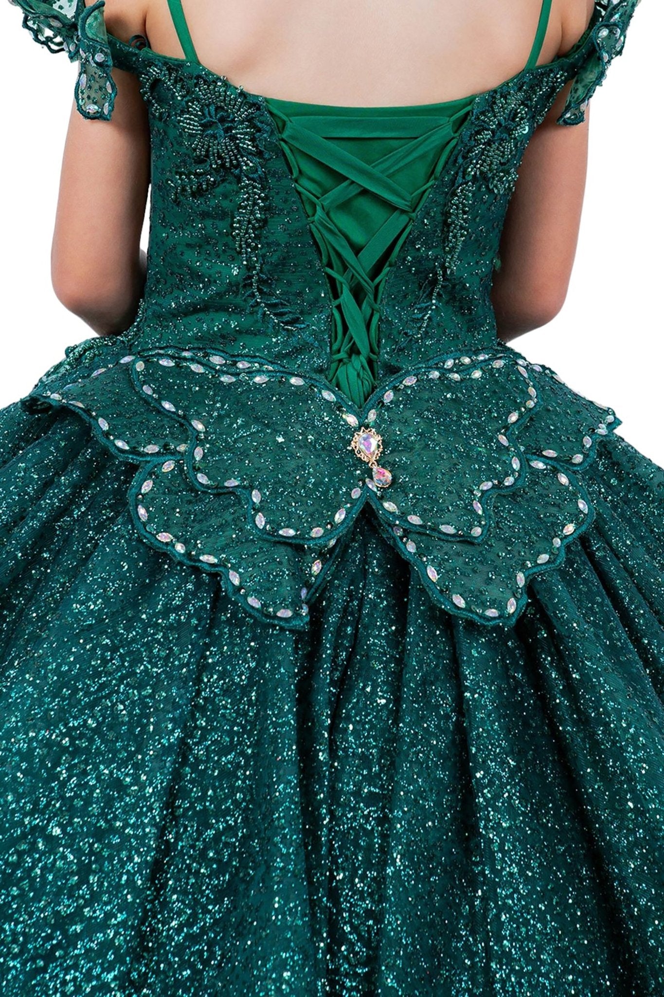 Hunter green back zoom kids mini quinceañera mini quince dress with butterfly lace, beaded floral bodice and detachable tiered train.