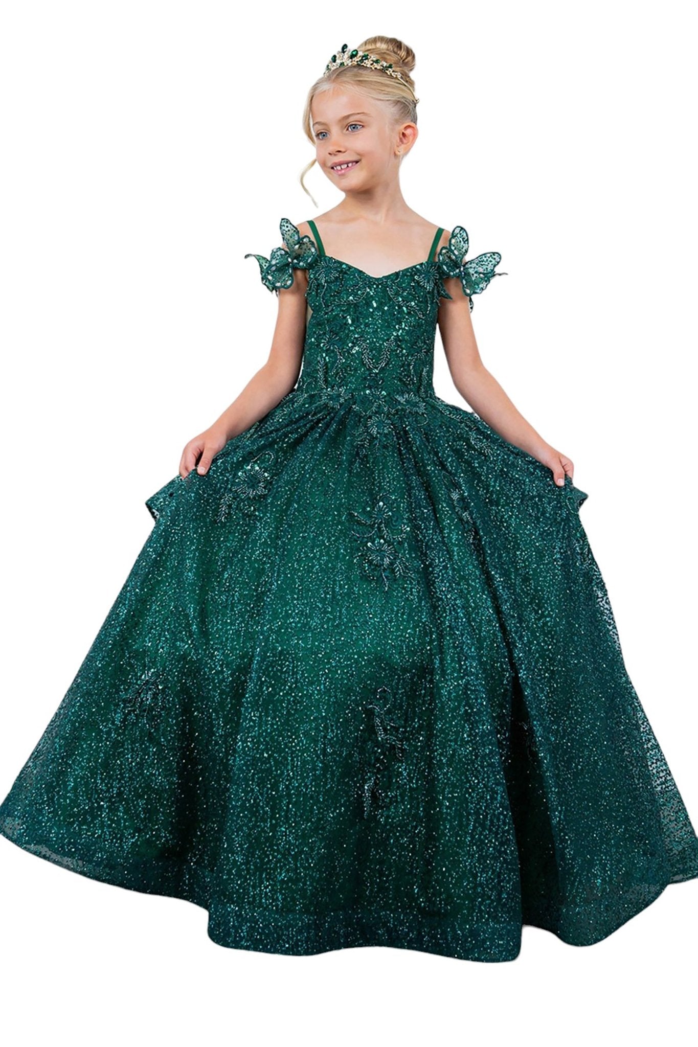 Hunter green front view kids mini quinceañera mini quince dress with butterfly lace, beaded floral bodice and detachable tiered train.