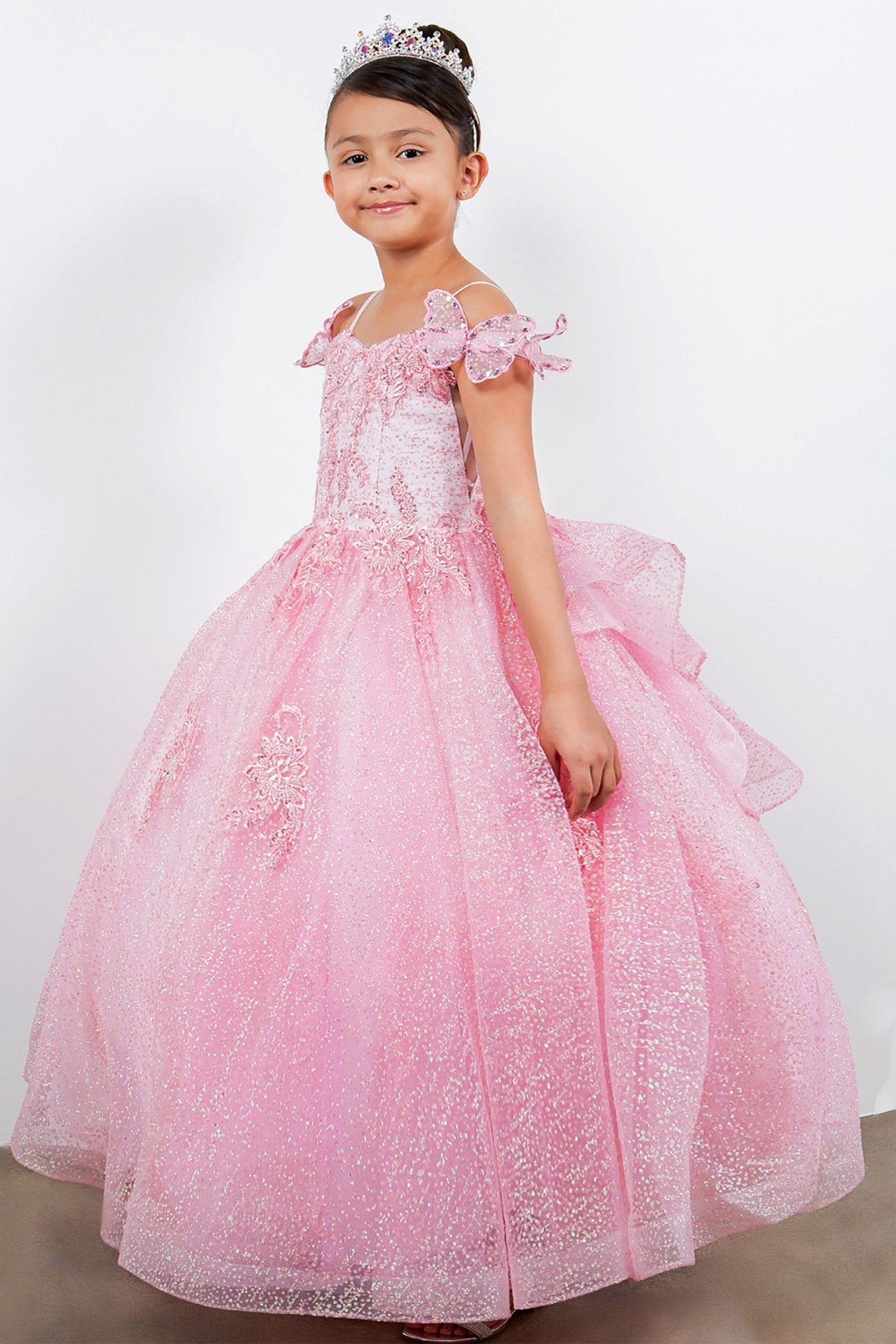 Front view of pink mini quince dress with butterfly lace beaded floral bodice layered tulle skirt.