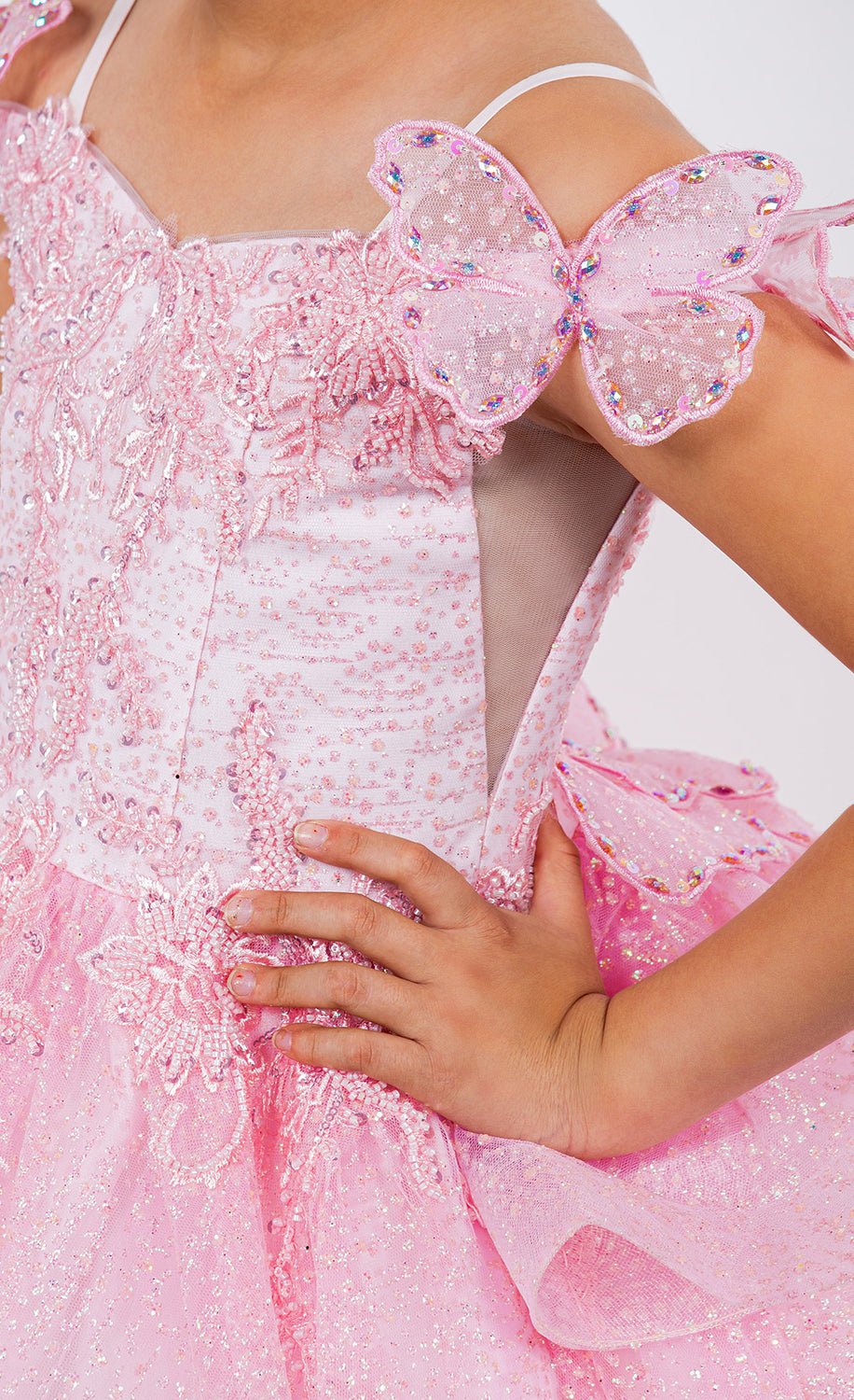 Pink mini quince dress with butterfly lace beaded floral bodice layered tulle removable train detail.