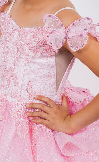 Detailed view highlights pink mini quince dress with butterfly lace beaded floral bodice layered tulle removable train detail.